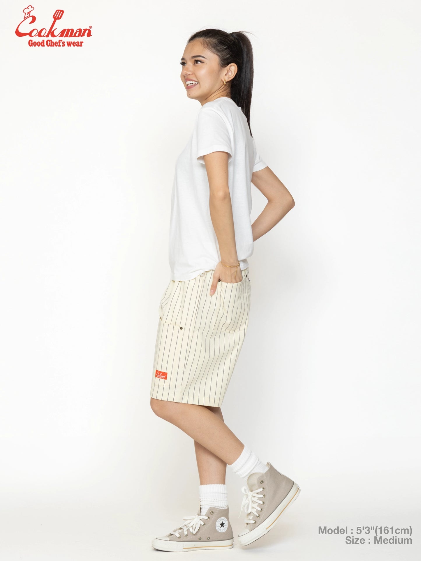 Chef Short Pants Front Pocket Herringbone - Stripe : Cream